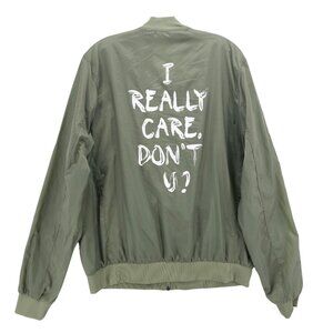 WILDFANG Green Jacket Bomber Windbreaker Lightweight I Really Care Don't U LARGE